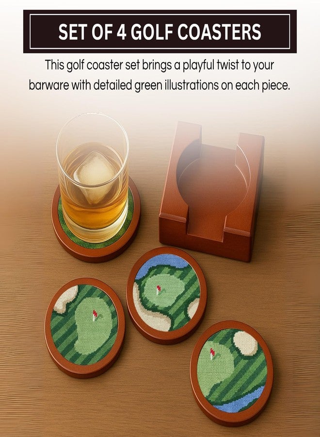 Khen Golf Hand-Stitched Needlepoint Coasters - Set of 4 - Wooden Holder Solid Wood with Needlepoint Inlay with French Cotton Thread 4" Durable Decorative Gift, Drink Mats Unique Golfers Barware Gifts - Image 3